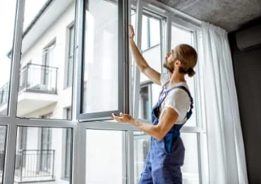 Workman adjusting window frames at home 45GPYCD
