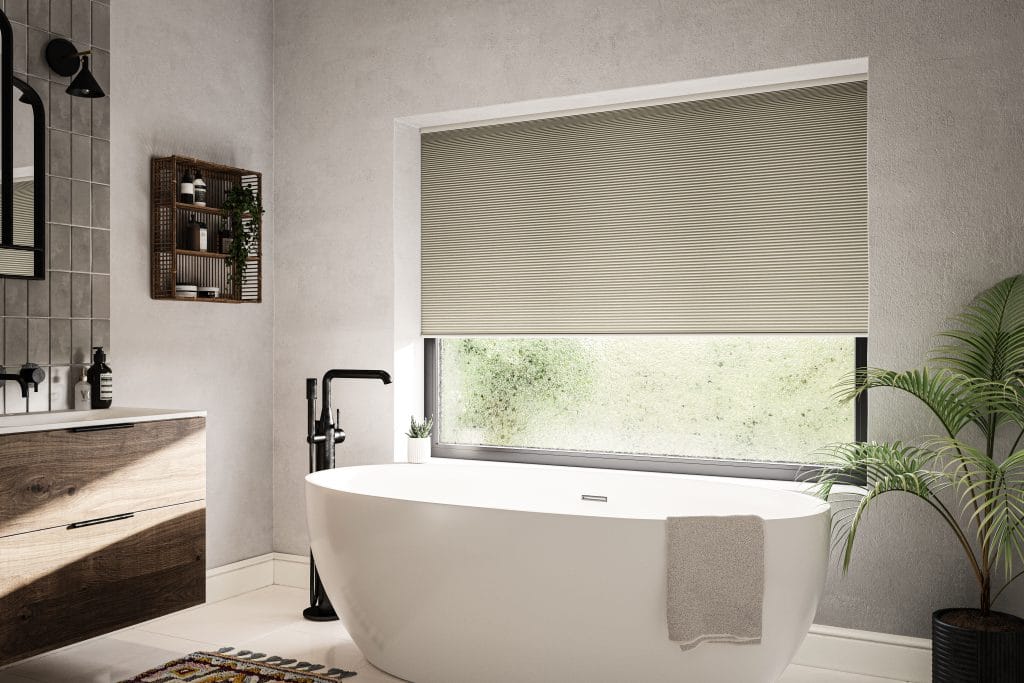 Pleated free-hang blind fitted in a Coventry bathroom by Coventry Blinds