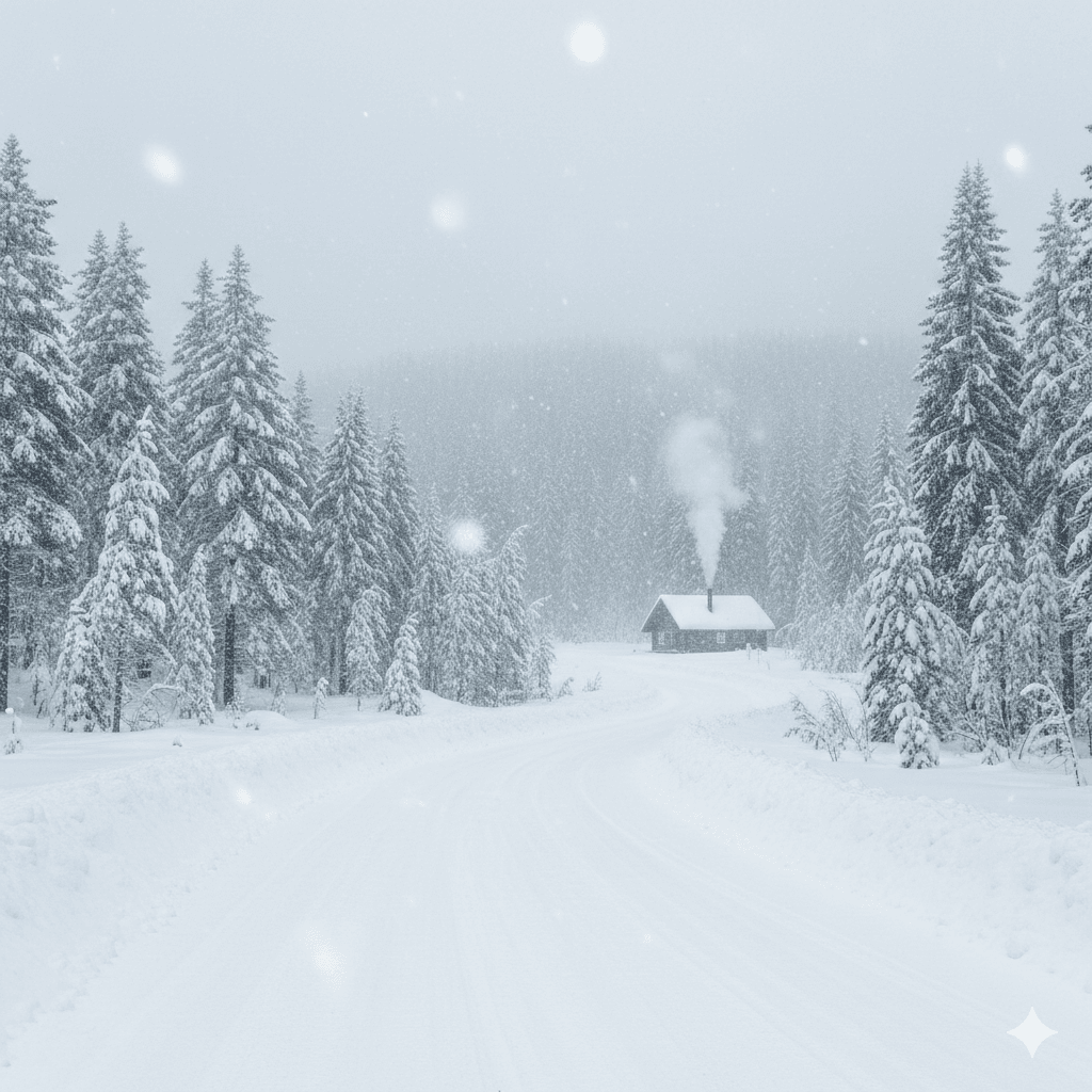 AI illustration of a cosy log cabin in a snowy winter forest