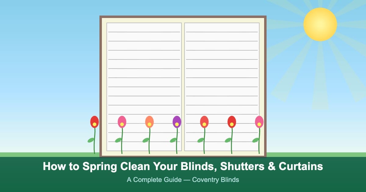 Spring cleaning blinds shutters and curtains – window with spring flowers
